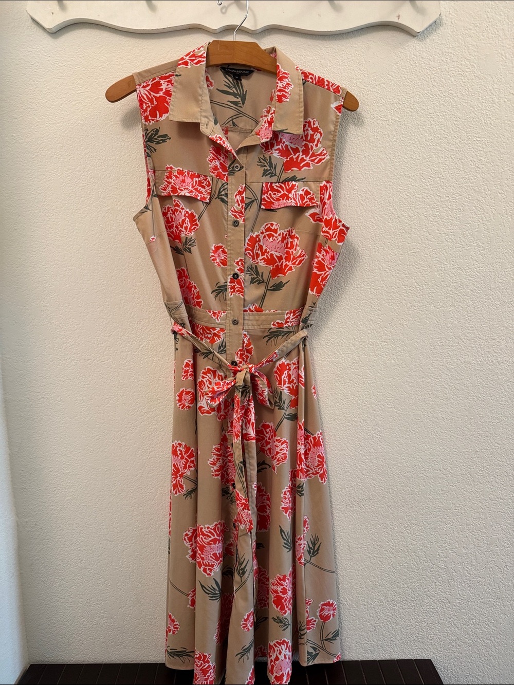 Banana Republic Tan Midi Shirt Dress with Pink Floral